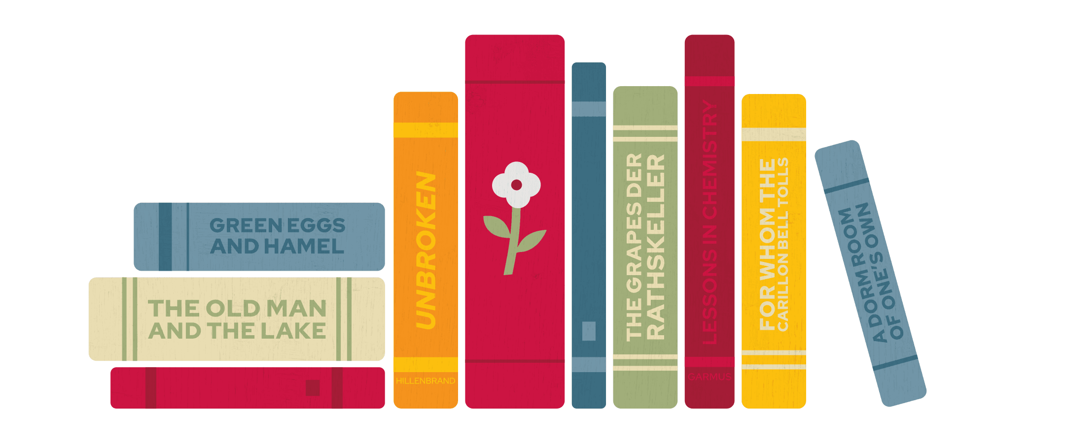 An illustration of book spines stacked both horizontally and vertically against each other. The spines are cardinal red, sage green, slate blue, light orange, and dark yellow. They feature parodied versions of classic book titles, including, "Green Eggs and Hamel," "The Old Man and the Lake," "The Grapes der Rathskeller," "For Whom the Carillon Bell Tolls," and "A Dorm Room of One's Own."