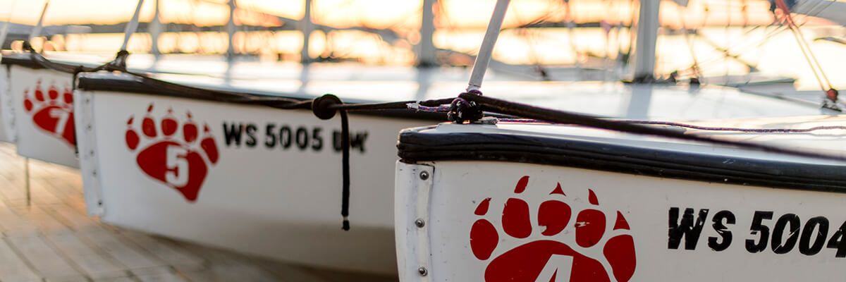 Four white sailboats are lined up along a pier. Each features a red, badger paw print decal next to a short series of numbers in black lettering.