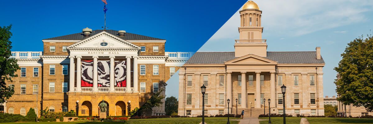 A split image features the University of Wisconsin's Bascom Hall to the left of the University of Iowa's Old Capitol.