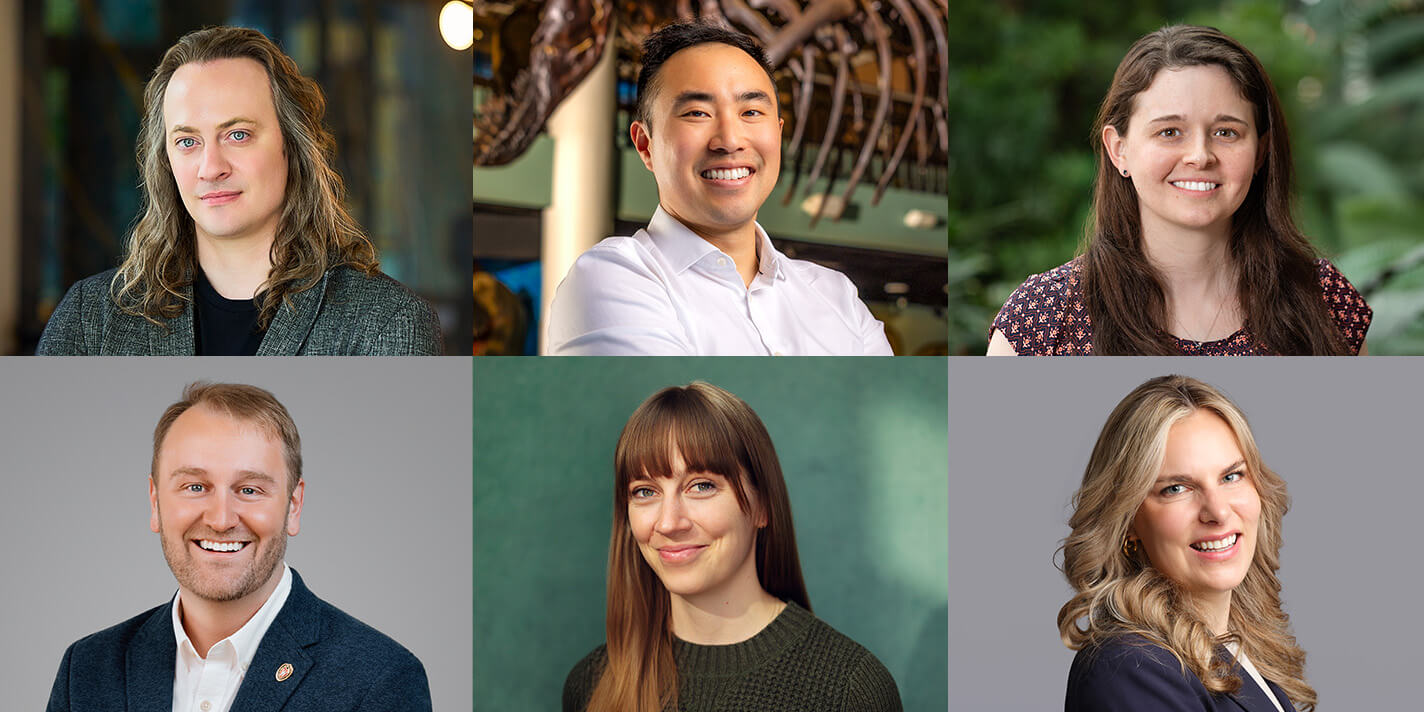 2026 Forward Award winners. Left to right: Ryan Clarke ’14, Derek Ho ’18, MS’21, PhD’24, Katy Jinkins MS’17, PhD’20, Dakota Kaiser ’11,Jessica Lyga ’14, Patricia Paskov ’15